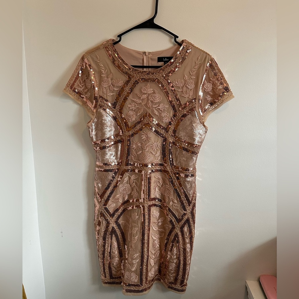 Lulu's Rose Gold Sequin Embroidered Bodycon Dress